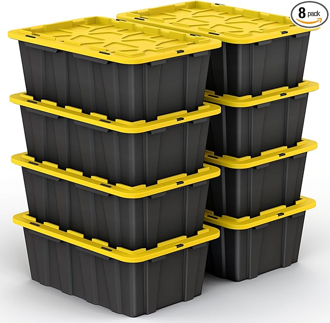 8 PACK Medium Black & Yellow Storage Bins | Plastic Tote Organizing Container with Secure Latching Lids, Stackable, Extra Strength with Built in Handle | Black and Yellow Bins | 24.5" x 16.5" x 9" by OurModernSpace