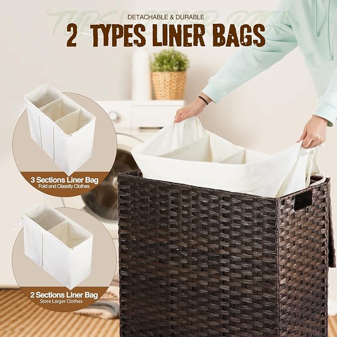 Greenstell Laundry Hamper with Lid, 125L Large Clothes Hamper with 3 Section & 2 Section Removable Liner Bags & 5 Mesh Laundry Bags, Handwoven Synthetic Rattan Divided Laundry Basket, Brown - Image 2