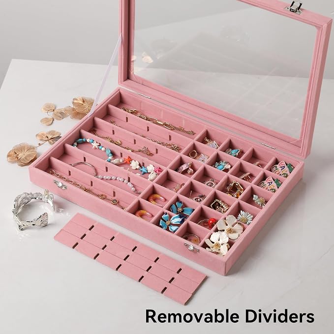 Frebeauty 48 Grid Jewelry Tray,Adjustable Earring Holder Organizer with Glass Lid,Velvet Drawer Jewelry Organizer for Rings,Studs,13.8 x 9.5 x 2 Inches Jewelry Display Box,Gift for Women(Pink) - Image 6