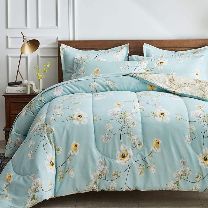 Joyreap 7 Piece Bed in a Bag Queen, Aqua Floral Elegant Design, Smooth Soft Microfiber Comforter Set (1 Comforter, 2 Pillow Shams, 1 Flat Sheet, 1 Fitted Sheet, 2 Pillowcases)