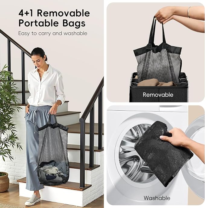 Laundry Hamper 4-Section with Lid, 185L Laundry Sorter with 4 Removable Bags + 1 Extra Large Bag, Switchable 3/4 Compartment, Laundry Basket Organizer for Bedroom, Laundry Room，Black - Image 5