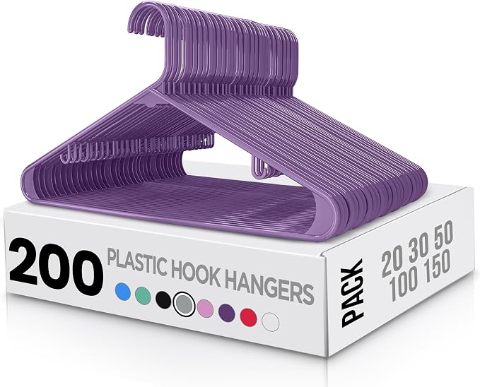 Utopia Home Plastic Hangers 200 Pack - Clothes Hanger with Hooks - Durable & Space Saving Coat Hanger - Heavy Duty Purple Hangers - Skirt Hangers by UTOPIAHOME