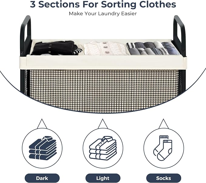 STO STO Laundry Hamper 3 Section, 120L Rolling Laundry Sorter Cart with Removable and Washable Liner Bag, Clothes Hamper with Wheels and Metal Handle for Laundry Room and Bedroom - Image 5