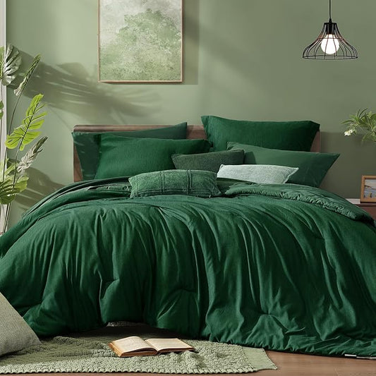 Monbix Queen Comforter Set - 7 Pieces Cationic Dyeing Emerald Green Bed in a Bag Queen Bedding Sets with Comforter, Sheets, Pillowcases & Shams, Reversible Bedding Comforters Sets