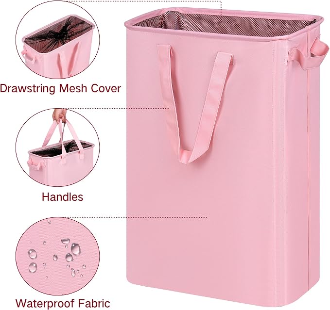 efluky Slim Laundry Basket, Narrow Laundry Hamper with Handles, Collapsible Dirty Clothes Hamper, Tall Laundry Bin for Laundry Room, Dorm and Bedroom, 12.7 Gallons(48L) Pink - Image 2