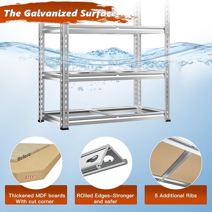 REIBII Garage Shelving, 5 Tier Storage Shelves Load 2400LBS, Adjustable Garage Shelving Heavy Duty, Metal Shelving Unit with Waterproof Columns, 35.5" W x 11.9" D x 72" H, Galvanized, 4 Pack - Image 6