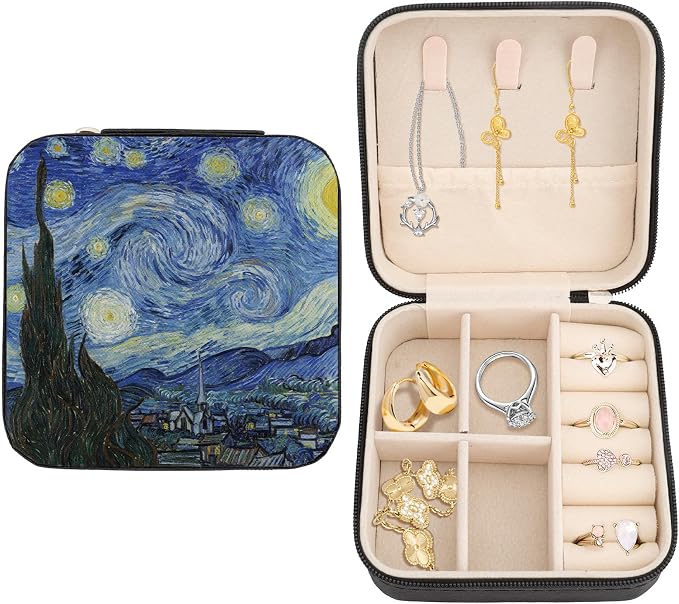 Travel Size Jewelry Case Personalized Jewelry Storage Box Portable Jewellery Box Organiser Jewellery Holders for Ring Necklace Bracelet Earring Women Gifts Van Gogh Starry Night Blue Black by Unknown