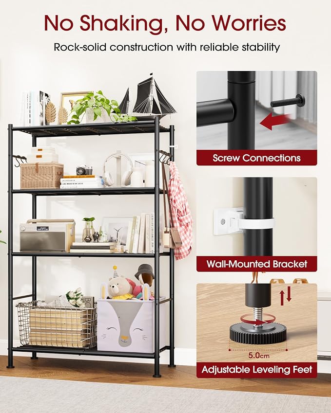 Sakugi Storage Shelves - 4-Tier Spacious Shelf Organizer with Hooks & Leveling Feet, Easy to Assemble, Rust-Resistant Garage Shelving for Kitchen, Pantry, Bedroom, 33.2" x 12.7" x 57.3", Black - Image 6
