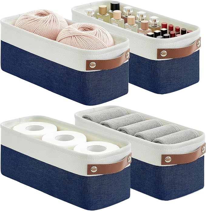 Bagnizer Small Fabric Storage Baskets, 15x6x5 inch Narrow Storage Bins 4-Pack Long Storage Basket for Organizing with Handles, Decorative Basket for Closets, Shelves, Toilet Paper, Navyblue by Bagnizer