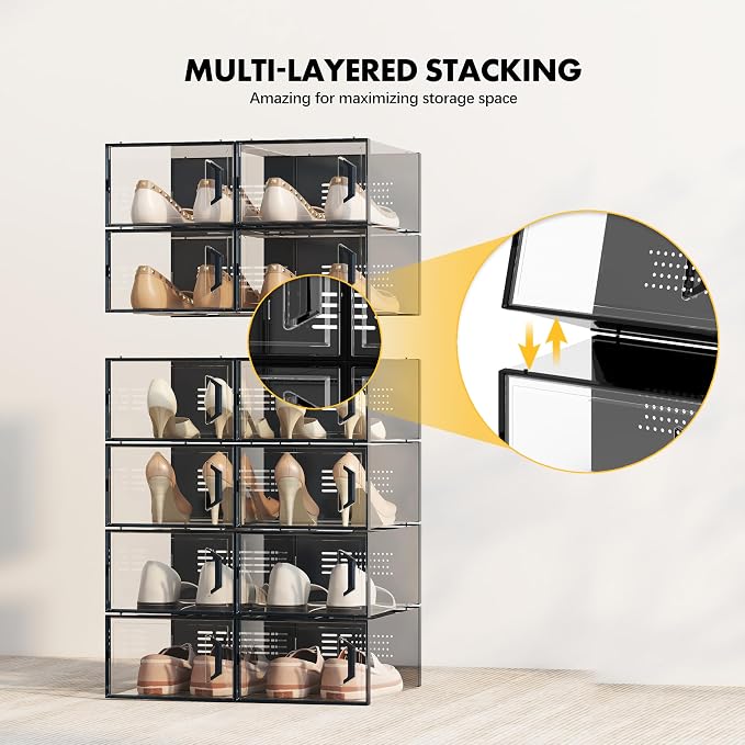 SEE SPRING XX-Large Shoe Storage Box Fit Size 14, Clear Plastic Stackable Shoe Organizer for Closet, Space Saving Sneaker Shoe Rack Containers Bins Holders for Entryway, Under Bed, 12 Pack Black - Image 3