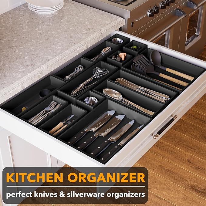 SpaceAid 14-Piece Bamboo Drawer Organizer Storage Boxes Set, Wood Tray Junk Drawer Organizers Multi-Use Divider Bins for Kitchen, Bathroom, Office Desk and Makeup Organization (14 Pack, Black) - Image 4