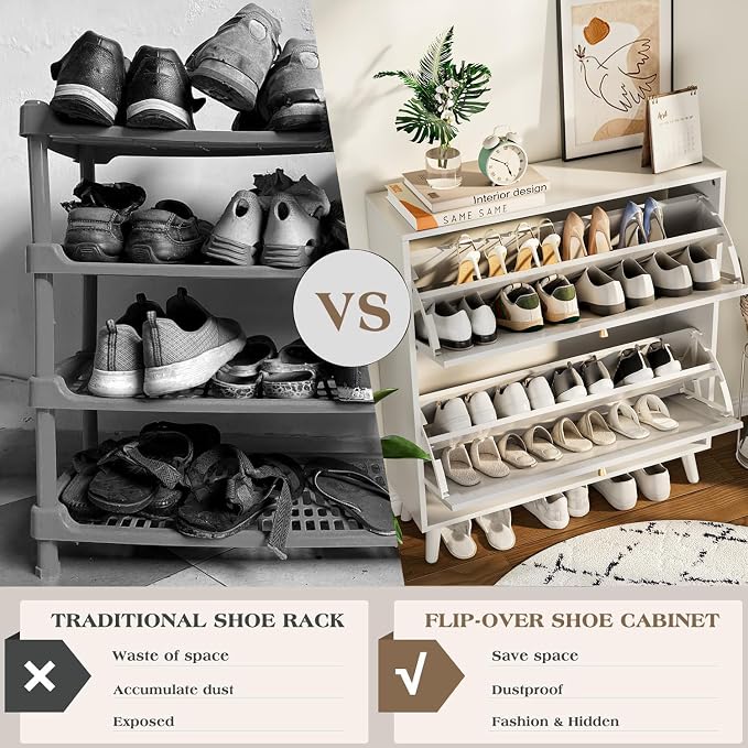 Fsbecl Shoe Storage Cabinet for Entryway with 2 Flip Drawers, Narrow Wood Shoe Cabinet with Fluted Panel, Freestanding Hidden Shoe Organizer for Foyer, Hallway (White - with Shelf) - Image 7