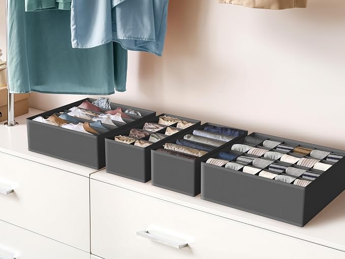 Simple Houseware 4-Pack Drawer Organizer Set - Closet Dividers for Underwear, Socks, Bras, Scarves, Ties - Foldable Non-Woven Storage Boxes, Dark Gray - Image 7