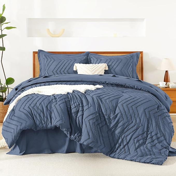 Litanika Twin XL Comforter Set Ocean Blue - Boho Tufted Shabby Chic Bed in a Bag for College Dorm, 5 Pieces Fluffy Soft Farmhouse Bed Set for All Seasons