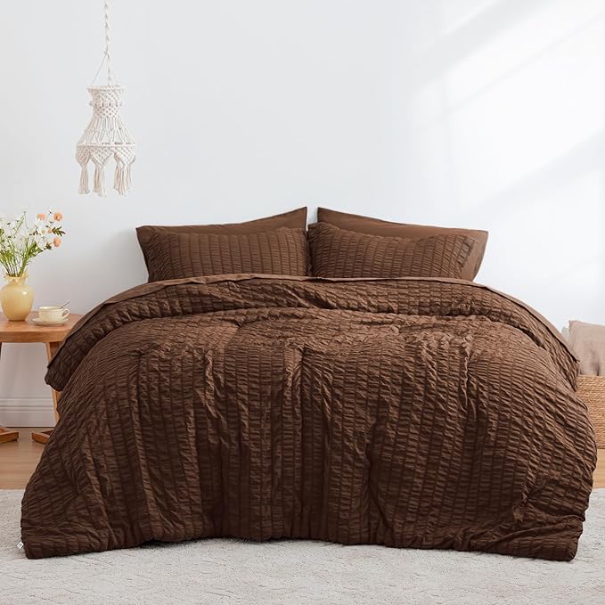 Love's cabin Seersucker Brown Twin XL Comforter Set, 5-Piece All Season Lightweight Bed in a Bag Bedding Set with Comforter, Flat Sheet, Fitted Sheet, Pillowcase and Sham | Soft, Breathable, Lightweight