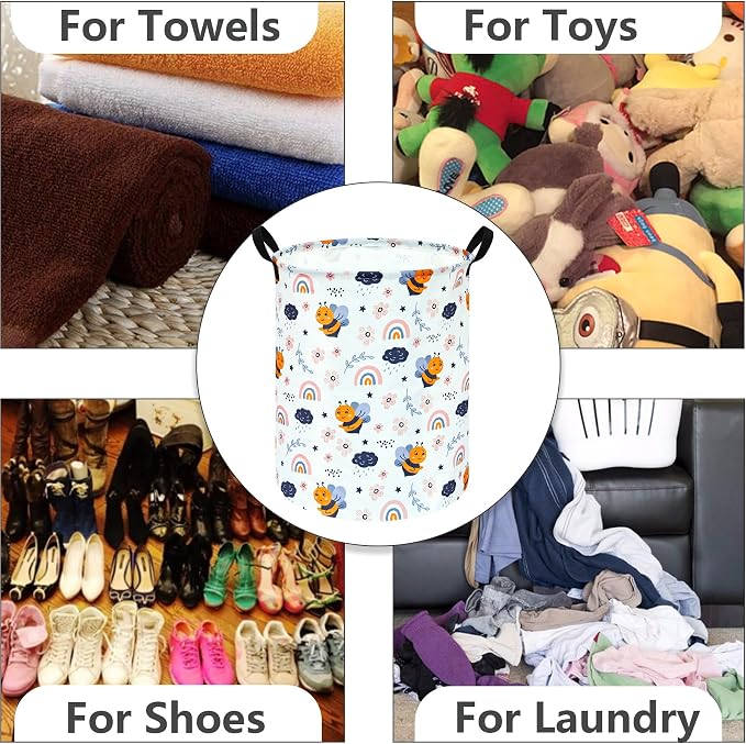 MAIZMZ Rainbow Bee Print Canvas Laundry Basket,Waterproof Storage Bin with Handles 15.7" D×19.7" H Foldable Toy Organizer Decor Gift Basket for Kids' Bedroom & Home Organization - Image 5