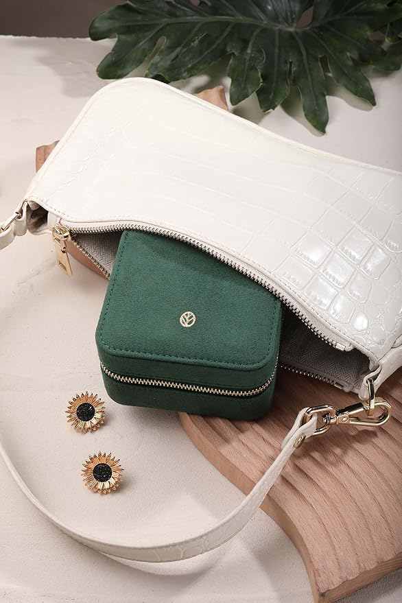 S.Leaf Travel Jewelry Organizer Boxes for Women Small Portable Necklace Earrings Bracelet Rings Travel Case Best Friend Birthday Gifts for Women Trendy (08_Suede_Touch_Emerald) - Image 4