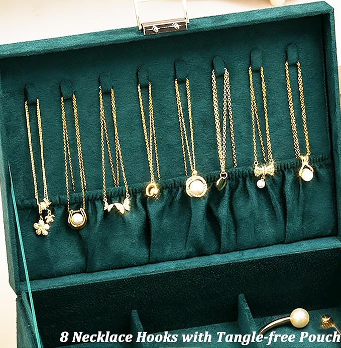 QBestry Jewelry Box for Women with Drawer, 3-Layer Large Jewelry Organizer with Lock & Key, 8 Necklace Hooks & 56 Earring Holes, Green Velvet Jewelry Storage Box for Necklaces Earrings Rings Bracelets - Image 5