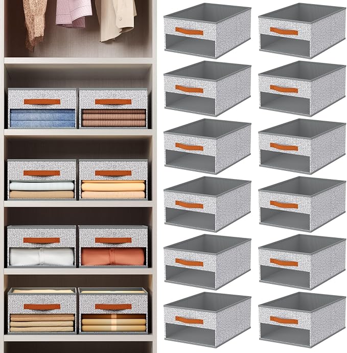 Homsorout Drawer Organizers and Storage - 12 Pack Foldable Pants Organizer with Clear Window & Handles, Fabric Closet Organizer for Clothes, Jeans, Sweaters, Towels, T-shirt, Scarf (Ant Light Gray) - Image 2