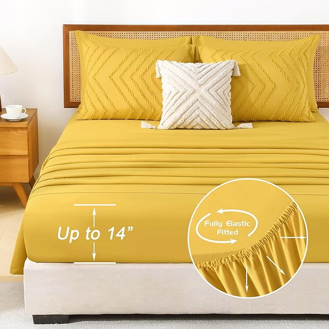 Litanika California King Size Comforter Set with Sheets Mustard Yellow - 7 Pieces Bed in a Bag Cal King Chevron Tufted Complete Bedding Sets with Comforter, Sheets, Pillowcases & Shams