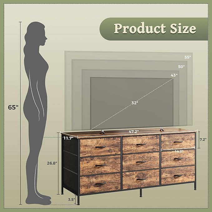 Huuger 9 Drawer Dresser, 47 Inch Dresser TV Stand for 50, 55 Inch TV, Entertainment Center with Drawers, Fabric Chest of Drawer for Bedroom, Closet, Rustic Brown
