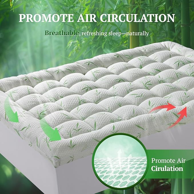 Mattress Pad Queen Size - 3D+7D Down Alternative Fill, Viscose Made from Bamboo Cover, Extra Firm for Back Pain, 6"-18" Deep Pocket (60"x80")