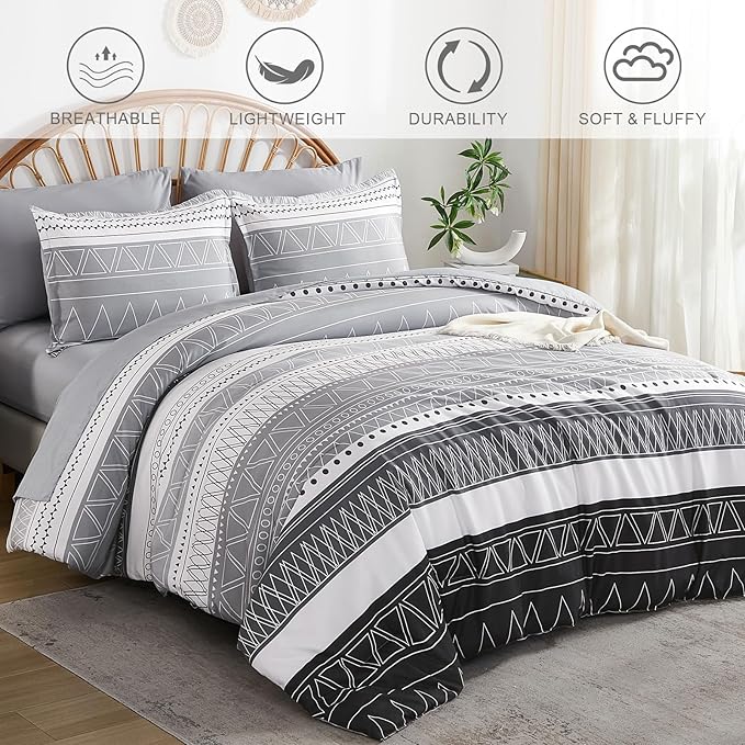 WONGS BEDDING King Size Comforter Set 7 Pieces, Boho Grey White Geometric Striped Comforter for King Bed in a Bag, Soft Microfiber Bedding Set with Pillowcases, Flat Sheet, Fitted Sheet, Pillow Shams