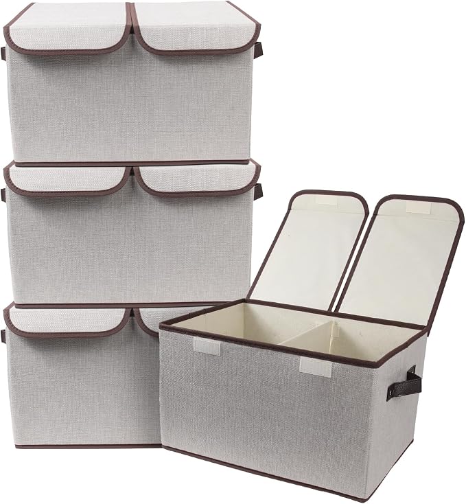 Foldable Fabric Storage Box, 16.5 x 11.8 x 9.8 inches (L x W x H), with Double-Lid & Dividers, Large Organizer for Home, Closet, Office(Grey, 4 Packs) by TCbelosion
