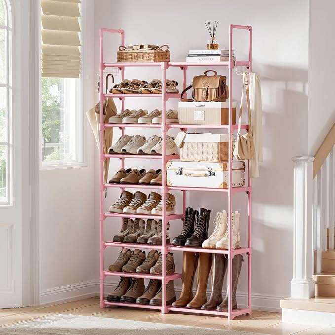 WOWLIVE 9 Tiers Large Shoe Rack White Shoe Rack Organizer for Closet 50-55 Pairs Stackable Heavy Duty Shoe Shelf Shoe Storage with Metal Pipes Plastic Pink - Image 2