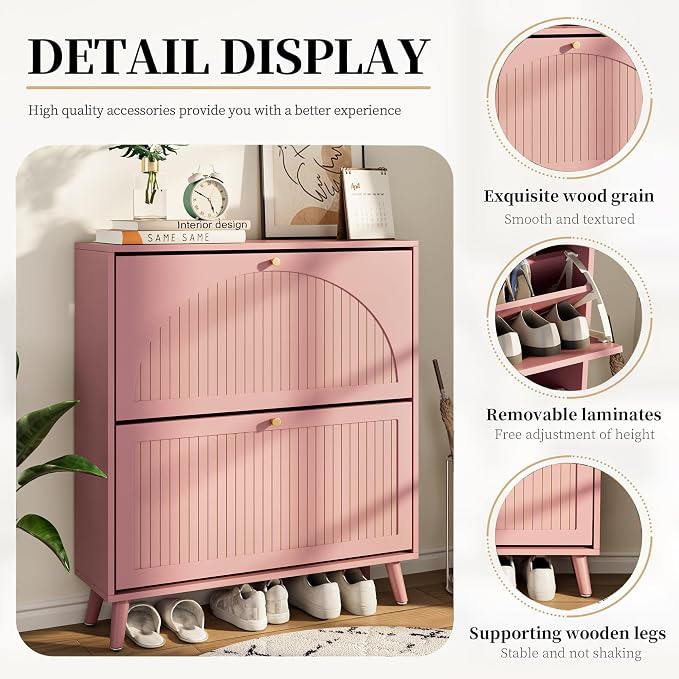 Fsbecl Shoe Storage Cabinet for Entryway with 2 Flip Drawers, Narrow Wood Shoe Cabinet with Fluted Panel, Freestanding Hidden Shoe Organizer for Foyer, Hallway (Pink - with Shelf) - Image 4