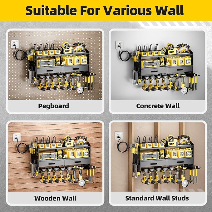 Power Tool Organizer Wall Mount Heavy Duty 400 lbs, 4 Layers Storage Rack with 9 Drill Holders & Battery Storage, Cordless Tool Organizer for Garage, Workshop & Tool Room - Image 8