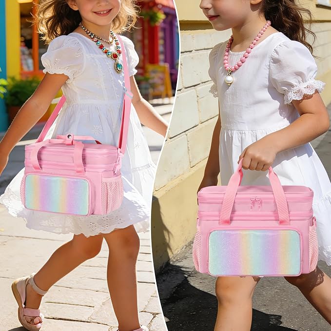 GRAOSO Double Layer Jewelry Organizer Storage for Kids Girls, Travel Jewelry Case Bag, Portable Jewelry Box with Handle and Detachable Shoulder Strap for Necklaces, Earrings, Rings, Pink (Case Only) - Image 4