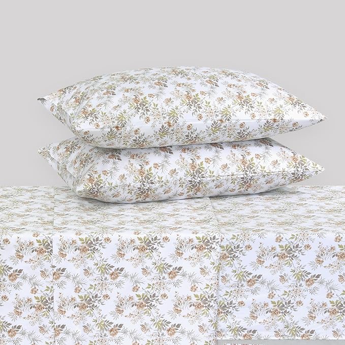 Feather & Stitch Printed 500 TC California King Size 4pc Damask Bed Sheet Set, 100% Soft Cotton Breathable Bedsheets, 18" Deep Pockets Sateen Weave Striped Bedding Mattress - Rose Floral