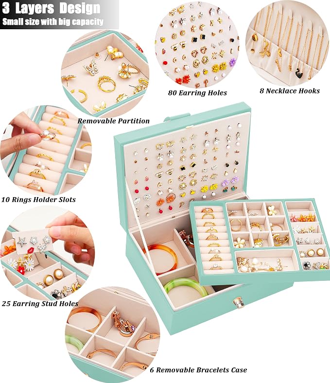 QBestry Girls Jewelry Box for Earrings Jewelry Organizer Box Teen Girls Earrings Organizer Jewelry Box Earring Holder Organizer Stud Earring Box for Girls Womens Jewelry Case Organizer Teal - Image 3