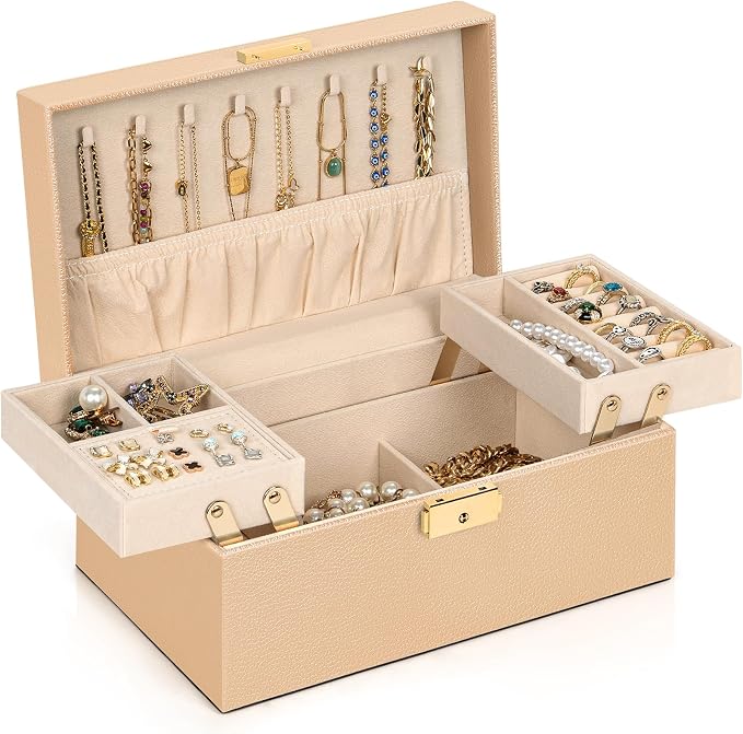AKOZLIN Travel Jewelry Box Organizer Functional 2-trays Leather Jewelry Storage Case with Lockable Portable for Women Girls Ring Necklace Earring Bracelet Champagne by AKOZLIN