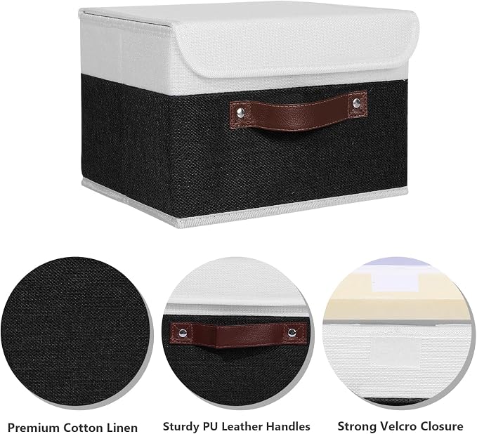 ANMINY Storage Boxes with Lids Washable Decorative Storage Bins Basket with PU Leather Handle Foldable Linen Fabric Storage Cubes Containers for Home Closet Organizer - Black White, Small Size - Image 2