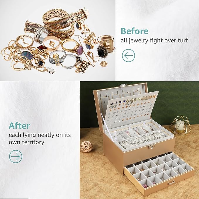 BOOVO Earring Jewelry Box For Women Girl Stud Organizer, 5 Layers Girl Jewelry Organizer Box With Lock Earring Holder Organizer Necklace Ring Jewelry Organizer Box For Girls (Champagne) - Image 6