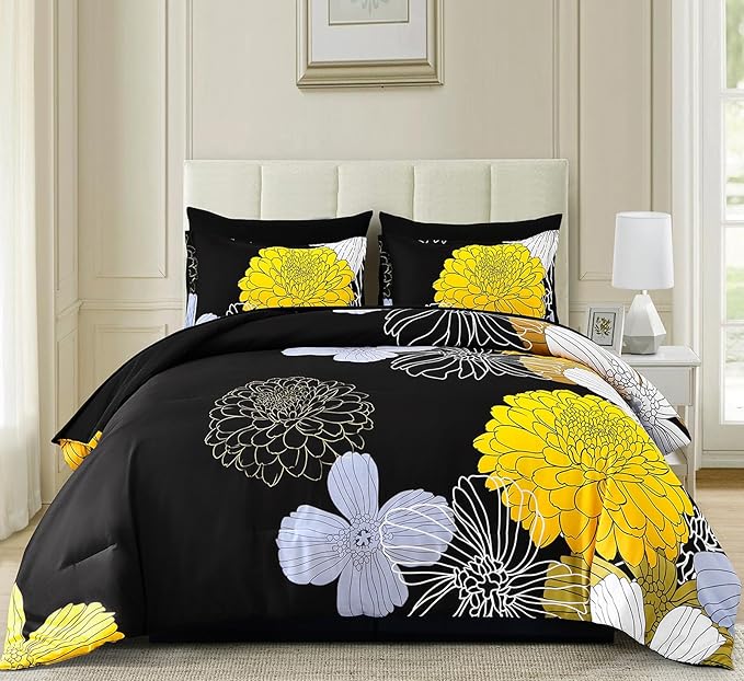 Yiran Bed in a Bag Queen Yellow Black Comforter Set 7 Pieces Soft Microfiber Floral Boho Bedding Set with 1 Comforter 1 Flat Sheet 1 Fitted Sheet 2 Pillowshams 2 Pillowcases