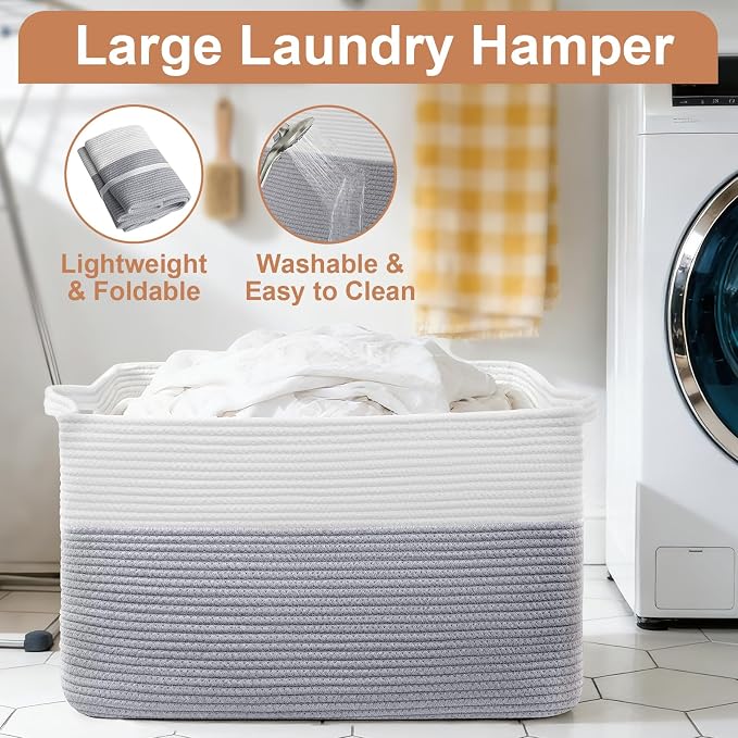 105L XXXL Large Blanket Basket, Rectangular Cotton Rope Basket, Laundry Hamper for Blankets, Pillows, Extra Large Toys Storage Bins for Kids, Dogs 25" x 16" x 16", White & Gray - Image 5