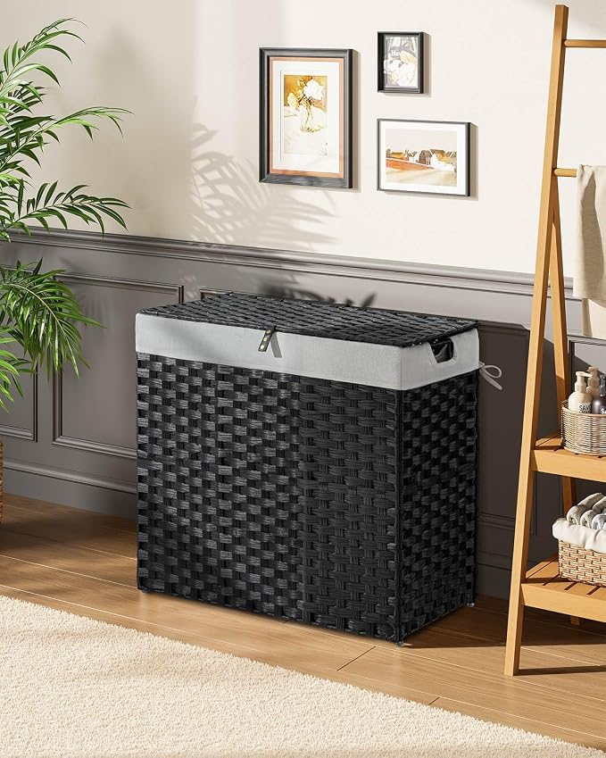 Greenstell Laundry Hamper with lid, No Install Needed, 130L Wicker Laundry Baskets Foldable 2 Removable Liner Bags, 2 Section Clothes Hamper Handwoven Rattan Laundry Basket with Handles, Black - Image 2