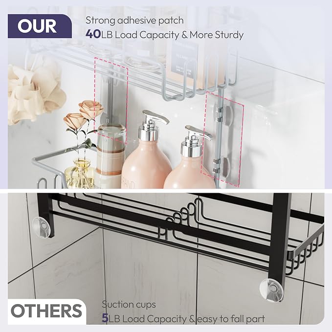 SWTYMIKI Bathroom Shower Caddy Hanging - 3 Tier Rustproof Over Shower Head Organizer, No Drilling Bathroom Shelf with 16 Hooks & Soap Holder, Anti-Swing Rack for Shampoo,Sponge,Towel, Silver, Medium - Image 7