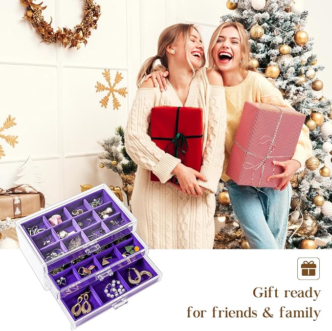 ProCase Earring Holder Organizer Jewelry Box with 3 Drawers, Acrylic Clear Earring Case with Adjustable Velvet Trays for Women - Purple, 3 Layers - Image 7