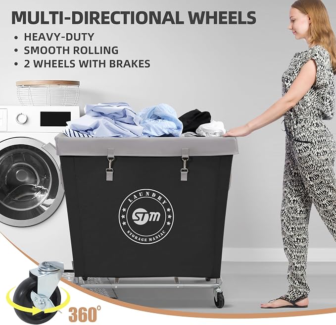 STORAGE MANIAC Commercial Laundry Hamper with Heavy Duty Steel Frame, 320 L Industrial Laundry Basket Cart with Wheels for Hotel, Home, Laundry Room, 31.7''L x 19.3''W x 30.91''H, Large Black - Image 2