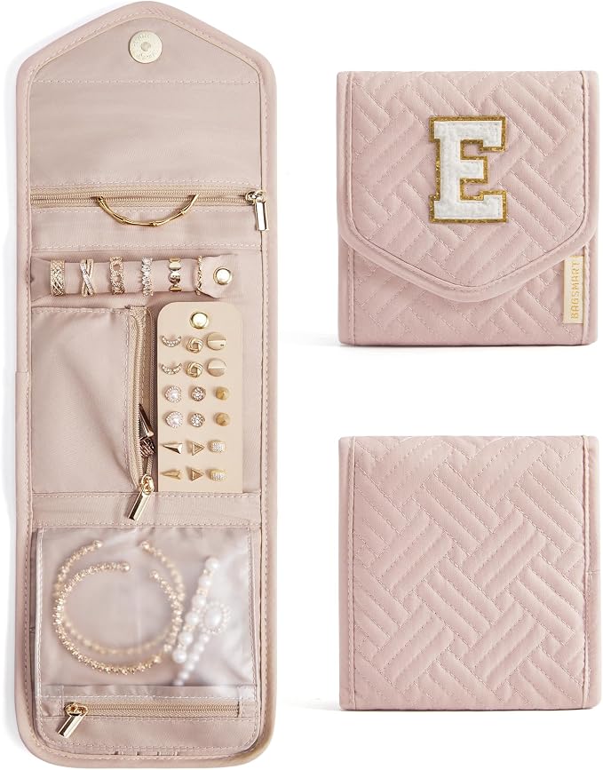 BAGSMART Travel Jewelry Organizer Case E Initial Foldable Jewelry Roll for Journey Rings, Necklaces, Earrings, Bracelets,Mini,Letter E,Soft Pink by BAGSMART