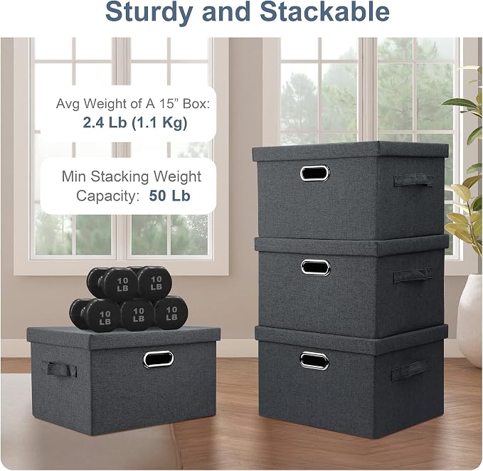 Graciadeco Medium 15" 21 Quart Collapsible Stackable Storage Bins with Lids, 5 Packs Dark Gray Foldable Fabric Closet Storage Boxes with Lids, Lidded Heavy-duty Linen Baskets(15x11x8) - Image 3