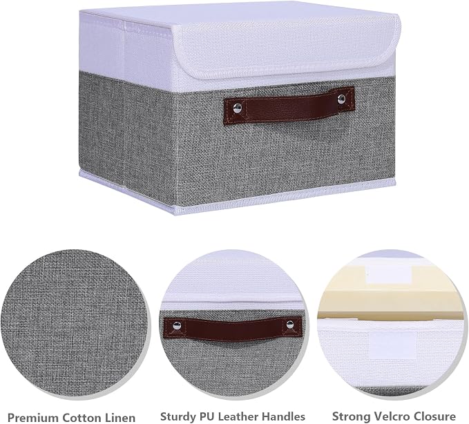 ANMINY 4PCS Storage Boxes with Lid Washable Decorative Storage Bins Basket with PU Leather Handle Foldable Linen Fabric Storage Cubes Containers for Home Closet Organizer - Gray White, Small Size - Image 4