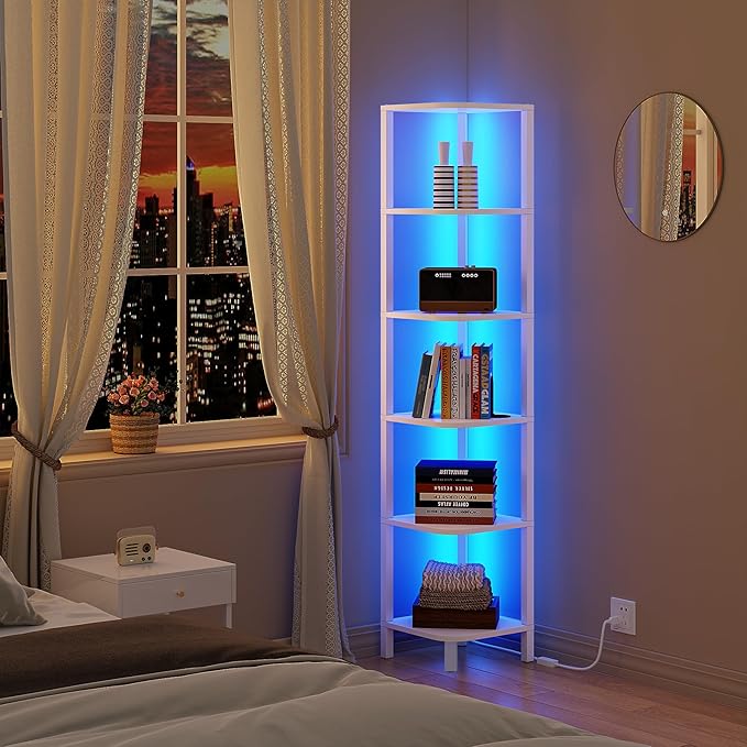TUTOTAK Corner Shelf with LED Light, 6-Tier Corner Bookshelf for Small Space, Narrow Display Corner Shelf Stand with Storage Rack, for Living Room, Bedroom, White BS08BW006L - Image 6