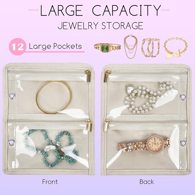 Travel Jewelry Organizer Case,Small Jewelry Bags for Traveling, Jewelry Binder with 24 Pcs Clear Zipper Velvet Pouches (Inner Pages,Beige,3 PCS) - Image 3