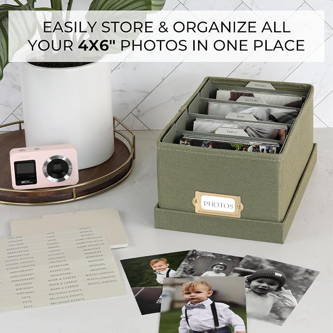 ZICOTO Decorative Photo Storage Box - Sturdy Linen Photo Organizer with Dividers is Perfect to Store Up to 850 Pictures and 4x6 Photos - Portable Scrapbook Storage Containers with Lid - Image 2