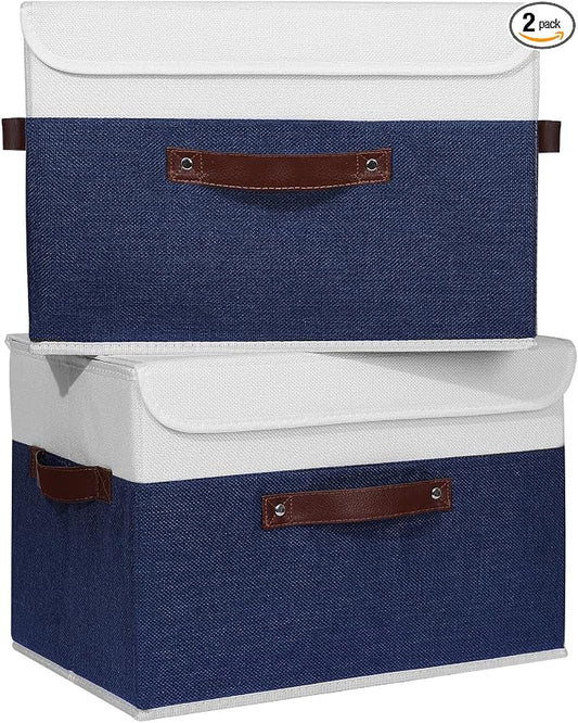 ANMINY 2PCS Storage Boxes with Lid Washable Decorative Storage Bin Basket with PU Leather Handle Foldable Linen Fabric Storage Cube Container for Home Closet Organizer - Deep Blue White, Large Size by ANMINY